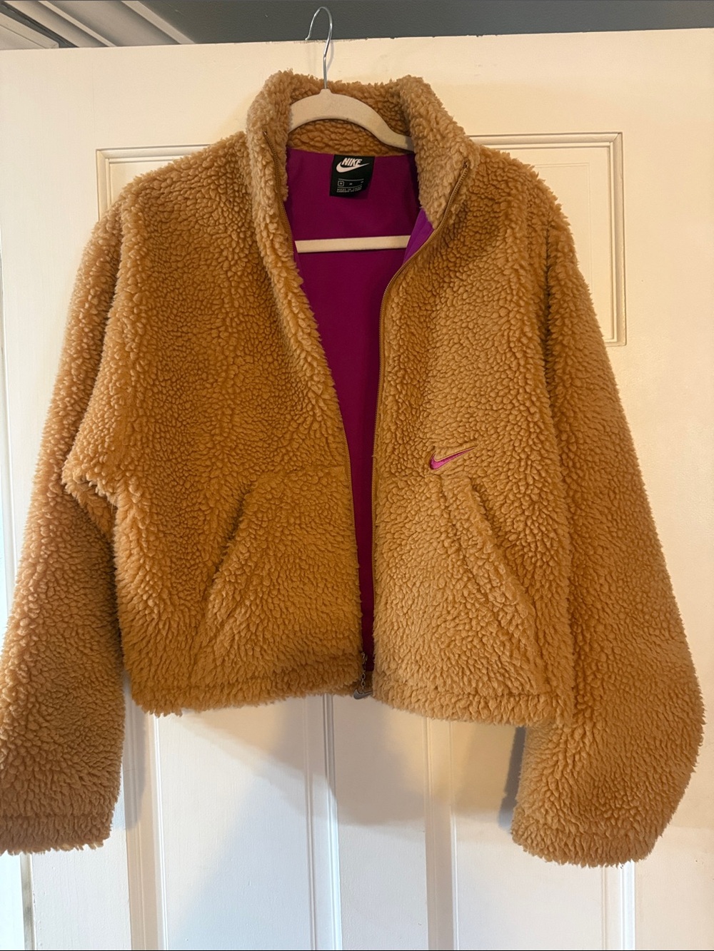 Nike Teddy Fleece Jacket in Camel with Pink Lining